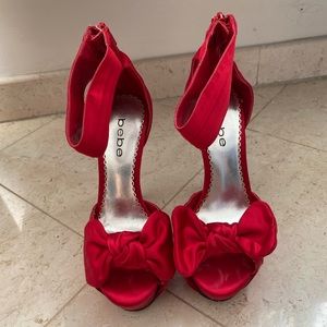 Bebe - Red Satin Platform Bow Sandals Heels